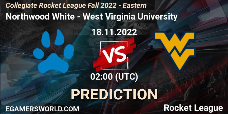 Pronósticos Northwood White - West Virginia University. 18.11.2022 at 02:00. Collegiate Rocket League Fall 2022 - Eastern - Rocket League