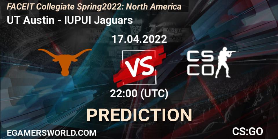 Pronósticos UT Austin - IUPUI Jaguars. 17.04.2022 at 22:00. FACEIT Collegiate Spring 2022: North America - Counter-Strike (CS2)