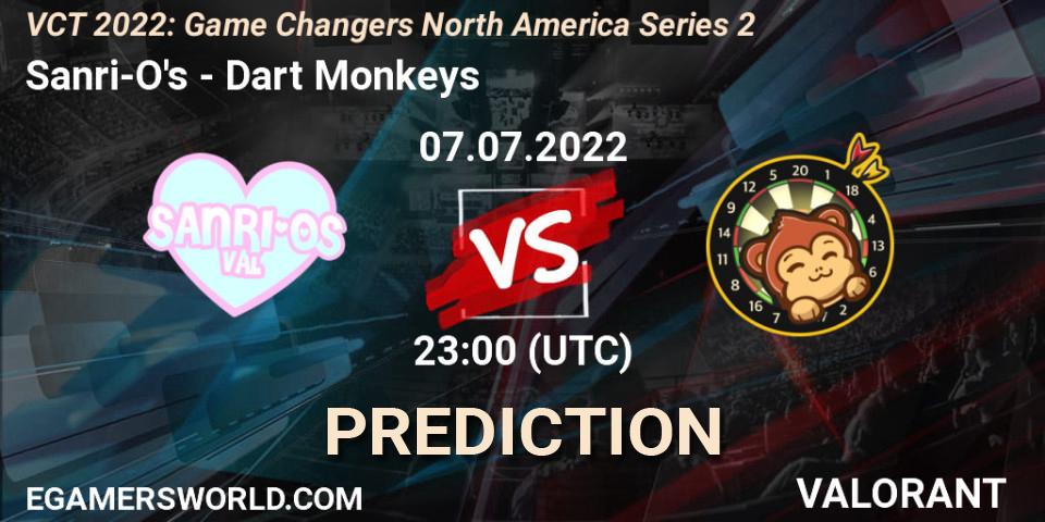 Pronósticos Sanri-O's - Dart Monkeys. 07.07.2022 at 22:40. VCT 2022: Game Changers North America Series 2 - VALORANT