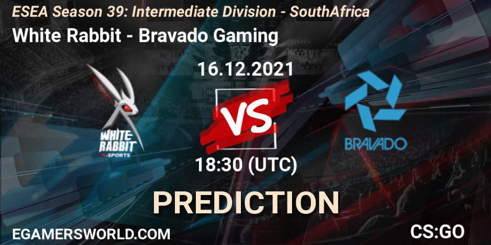 Pronósticos White Rabbit - Bravado Gaming. 16.12.2021 at 18:30. ESEA Season 39: Intermediate Division - South Africa - Counter-Strike (CS2)