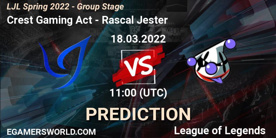 Pronósticos Crest Gaming Act - Rascal Jester. 18.03.2022 at 11:00. LJL Spring 2022 - Group Stage - LoL