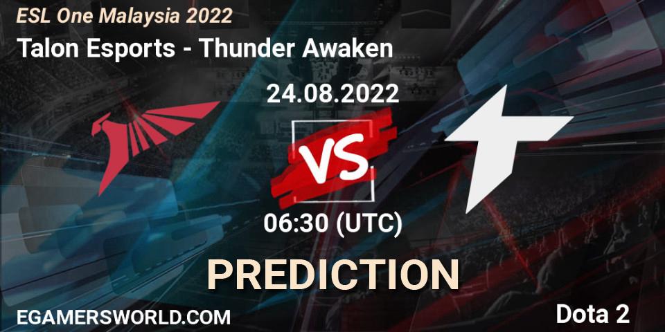Pronósticos Talon Esports - Thunder Awaken. 24.08.2022 at 06:36. ESL One Malaysia 2022 - Dota 2