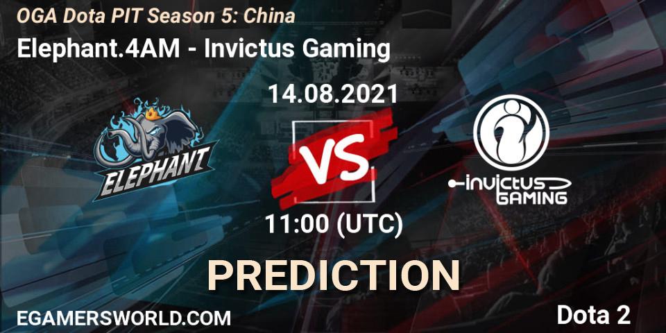 Pronósticos Elephant.4AM - Invictus Gaming. 14.08.2021 at 10:08. OGA Dota PIT Season 5: China - Dota 2