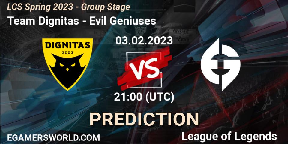Pronósticos Team Dignitas - Evil Geniuses. 04.02.2023 at 00:00. LCS Spring 2023 - Group Stage - LoL