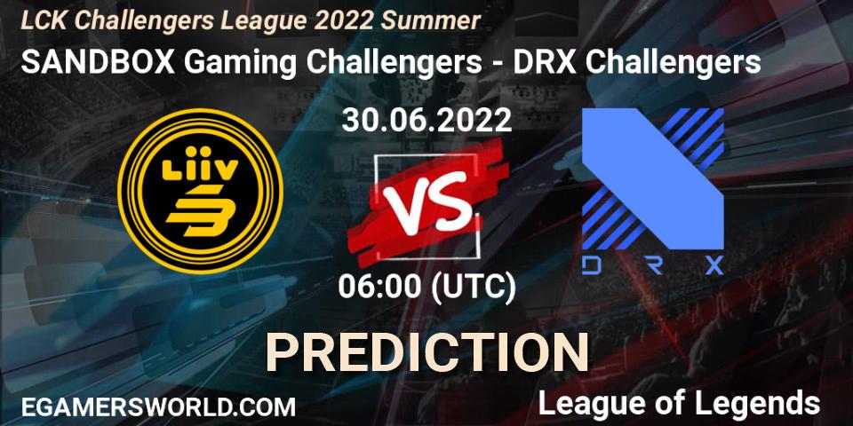 Pronósticos SANDBOX Gaming Challengers - DRX Challengers. 30.06.2022 at 06:00. LCK Challengers League 2022 Summer - LoL