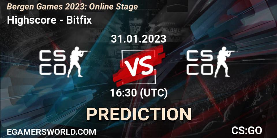 Pronósticos Highscore - Bitfix. 31.01.2023 at 16:30. Bergen Games 2023: Online Stage - Counter-Strike (CS2)