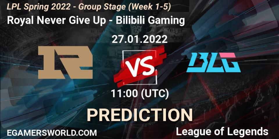Pronósticos Royal Never Give Up - Bilibili Gaming. 27.01.2022 at 11:00. LPL Spring 2022 - Group Stage (Week 1-5) - LoL