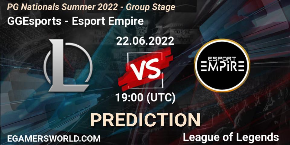 Pronósticos GGEsports - Esport Empire. 22.06.2022 at 19:15. PG Nationals Summer 2022 - Group Stage - LoL