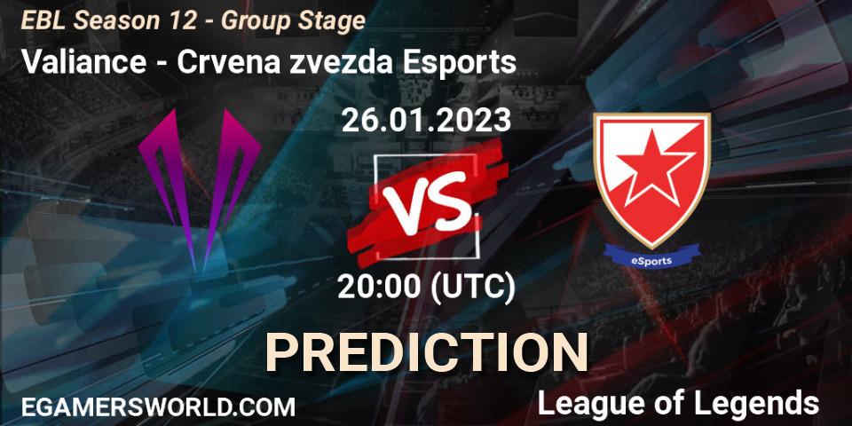 Pronósticos Valiance - Crvena zvezda Esports. 26.01.2023 at 20:00. EBL Season 12 - Group Stage - LoL