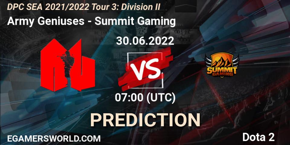 Pronósticos Army Geniuses - Summit Gaming. 30.06.2022 at 07:02. DPC SEA 2021/2022 Tour 3: Division II - Dota 2