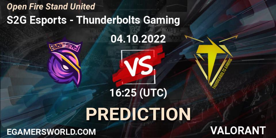 Pronósticos S2G Esports - Thunderbolts Gaming. 04.10.2022 at 16:25. Open Fire Stand United - VALORANT