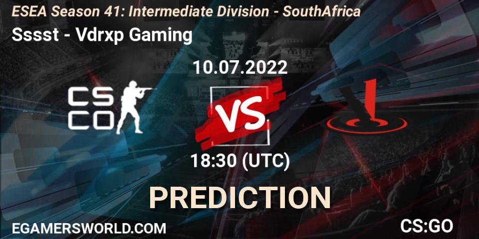 Pronósticos Sssst - Vdrxp Gaming. 10.07.2022 at 18:30. ESEA Season 41: Intermediate Division - South Africa - Counter-Strike (CS2)