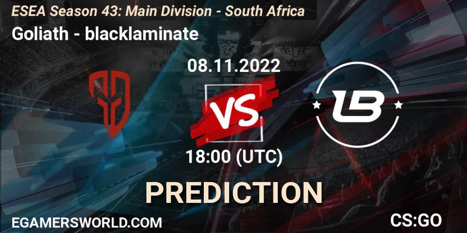 Pronósticos Goliath - blacklaminate. 08.11.2022 at 18:00. ESEA Season 43: Main Division - South Africa - Counter-Strike (CS2)