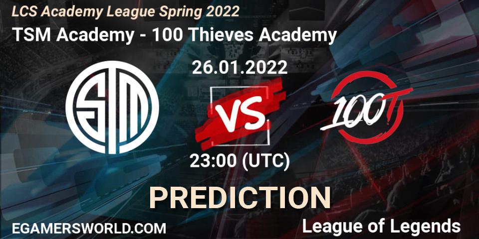 Pronósticos TSM Academy - 100 Thieves Academy. 26.01.2022 at 23:00. LCS Academy League Spring 2022 - LoL