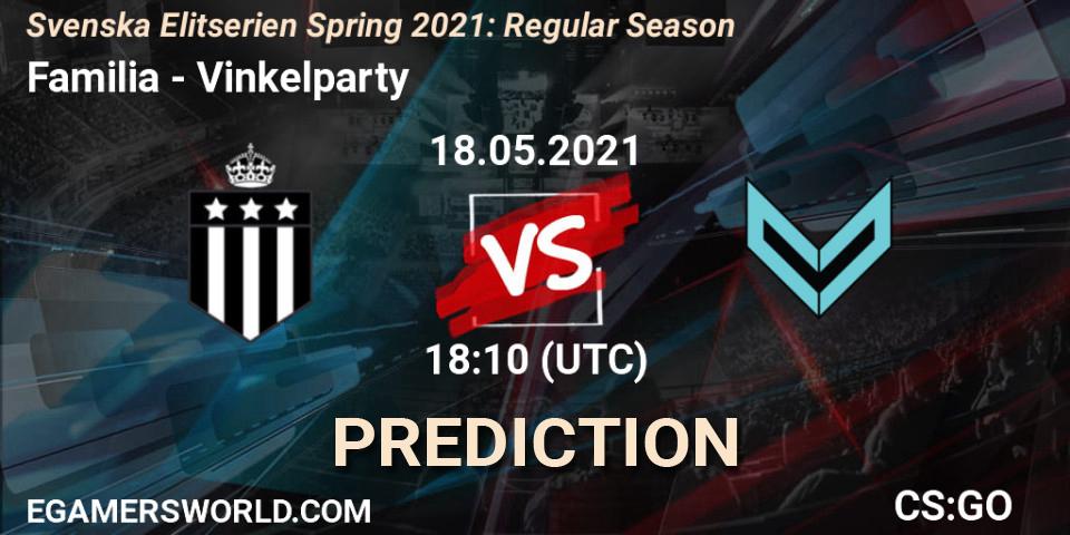 Pronósticos Familia - Vinkelparty. 18.05.2021 at 18:10. Svenska Elitserien Spring 2021: Regular Season - Counter-Strike (CS2)