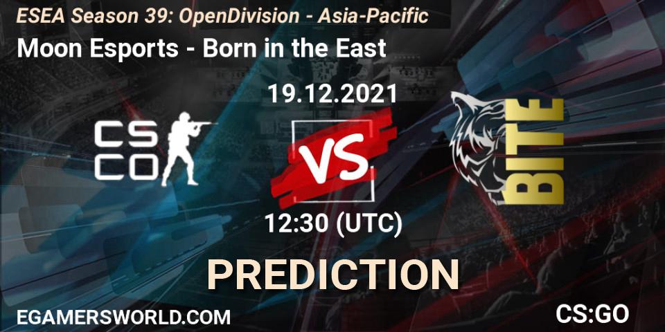 Pronósticos Moon Esports - Born in the East. 19.12.2021 at 12:30. ESEA Season 39: Open Division - Asia-Pacific - Counter-Strike (CS2)