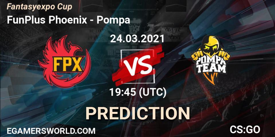 Pronósticos FunPlus Phoenix - Pompa. 24.03.2021 at 19:45. Fantasyexpo Cup Spring 2021 - Counter-Strike (CS2)