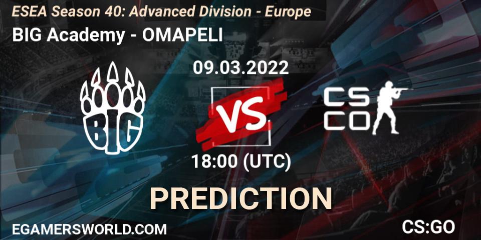Pronósticos BIG Academy - OMAPELI. 09.03.2022 at 18:00. ESEA Season 40: Advanced Division - Europe - Counter-Strike (CS2)