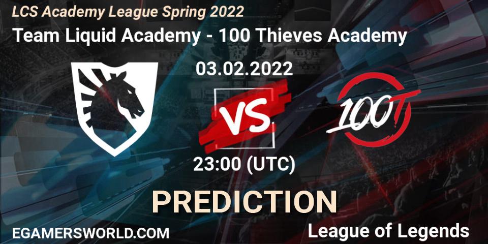Pronósticos Team Liquid Academy - 100 Thieves Academy. 03.02.2022 at 23:00. LCS Academy League Spring 2022 - LoL