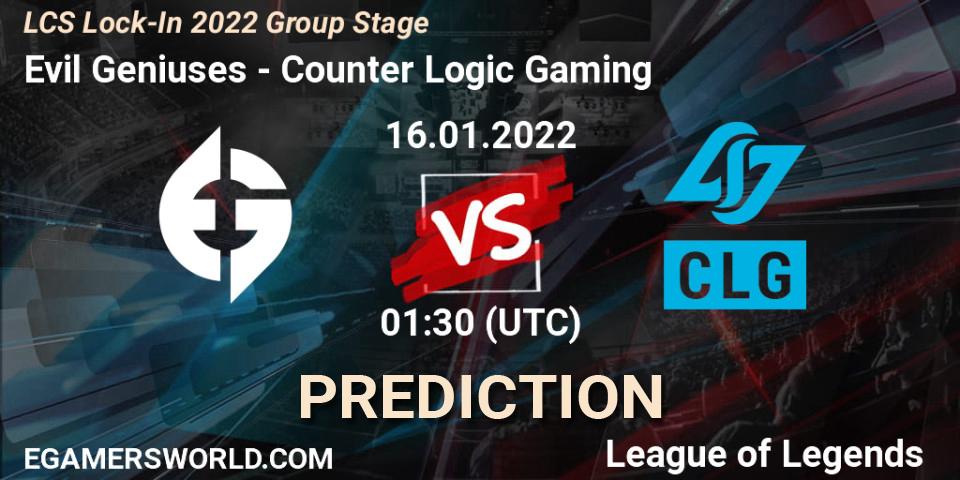 Pronósticos Evil Geniuses - Counter Logic Gaming. 16.01.2022 at 01:30. LCS Lock-In 2022 Group Stage - LoL