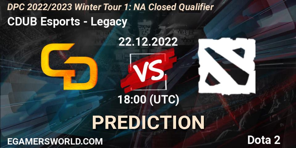 Pronósticos CDUB Esports - Legacy遗. 22.12.2022 at 18:00. DPC 2022/2023 Winter Tour 1: NA Closed Qualifier - Dota 2