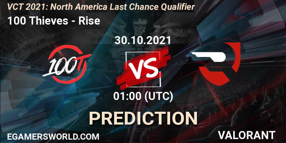 Pronósticos 100 Thieves - Rise. 30.10.2021 at 01:00. VCT 2021: North America Last Chance Qualifier - VALORANT