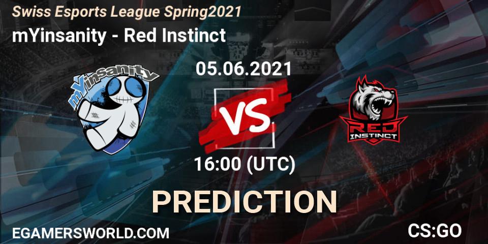 Pronósticos mYinsanity - Red Instinct. 05.06.2021 at 16:00. Swiss Esports League Spring 2021 - Counter-Strike (CS2)