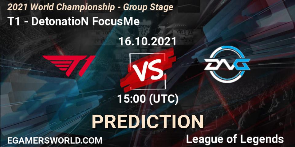 Pronósticos T1 - DetonatioN FocusMe. 16.10.2021 at 15:00. 2021 World Championship - Group Stage - LoL