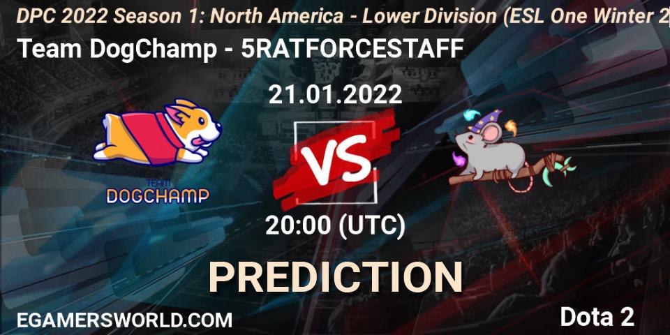 Pronósticos Team DogChamp - 5RATFORCESTAFF. 21.01.2022 at 19:55. DPC 2022 Season 1: North America - Lower Division (ESL One Winter 2021) - Dota 2