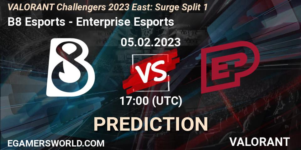 Pronósticos B8 Esports - Enterprise Esports. 05.02.23. VALORANT Challengers 2023 East: Surge Split 1 - VALORANT