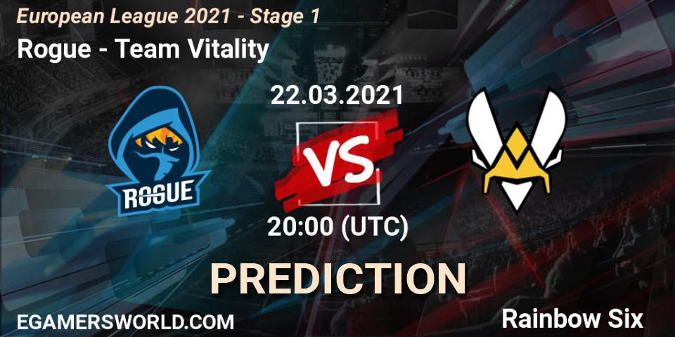 Pronósticos Rogue - Team Vitality. 22.03.2021 at 20:45. European League 2021 - Stage 1 - Rainbow Six