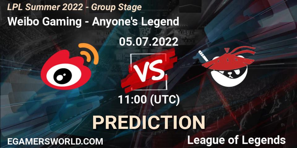 Pronósticos Weibo Gaming - Anyone's Legend. 05.07.22. LPL Summer 2022 - Group Stage - LoL