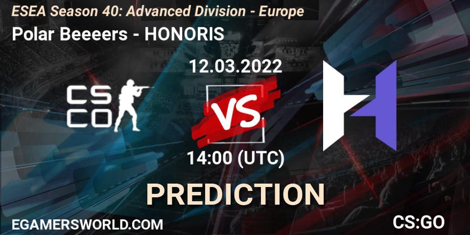 Pronósticos Polar Beeeers - HONORIS. 12.03.2022 at 14:00. ESEA Season 40: Advanced Division - Europe - Counter-Strike (CS2)