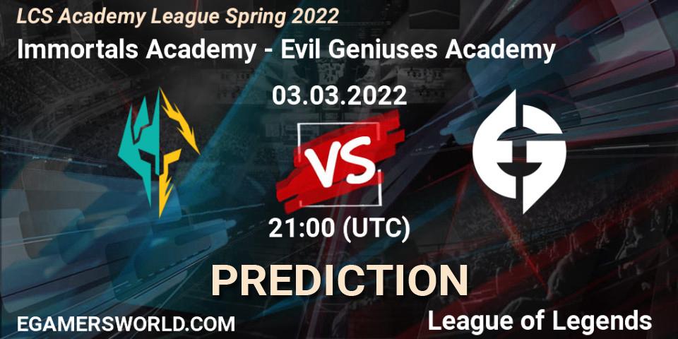 Pronósticos Immortals Academy - Evil Geniuses Academy. 03.03.2022 at 21:00. LCS Academy League Spring 2022 - LoL