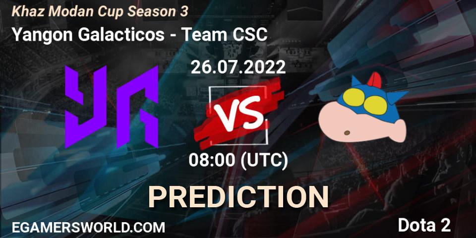 Pronósticos Yangon Galacticos - Team CSC. 26.07.2022 at 08:35. Khaz Modan Cup Season 3 - Dota 2