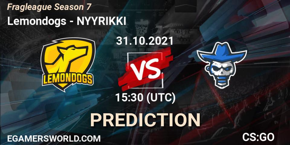 Pronósticos Lemondogs - NYYRIKKI. 31.10.2021 at 15:30. Fragleague Season 7 - Counter-Strike (CS2)