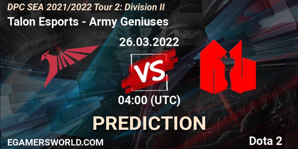 Pronósticos Talon Esports - Army Geniuses. 26.03.2022 at 04:02. DPC 2021/2022 Tour 2: SEA Division II (Lower) - Dota 2