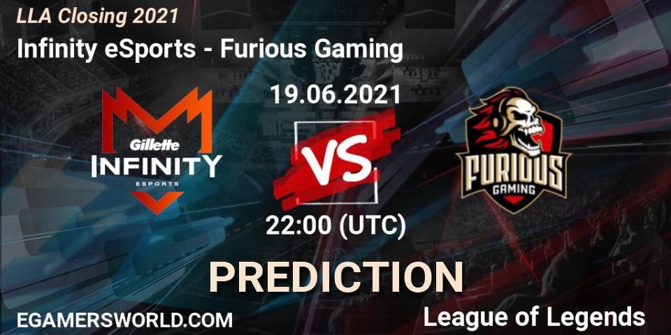 Pronósticos Infinity eSports - Furious Gaming. 19.06.2021 at 22:00. LLA Closing 2021 - LoL