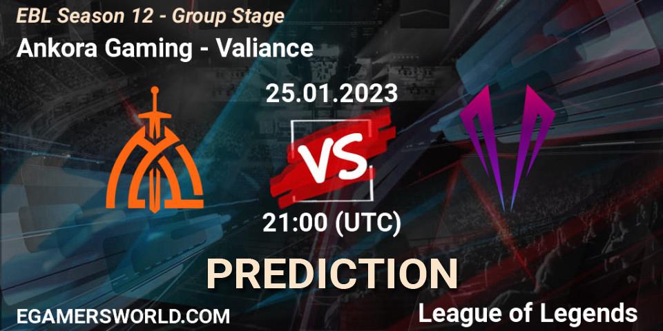Pronósticos Ankora Gaming - Valiance. 25.01.2023 at 21:00. EBL Season 12 - Group Stage - LoL