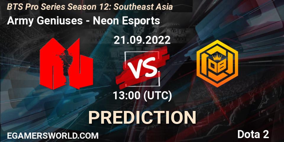 Pronósticos Army Geniuses - Neon Esports. 21.09.2022 at 12:58. BTS Pro Series Season 12: Southeast Asia - Dota 2