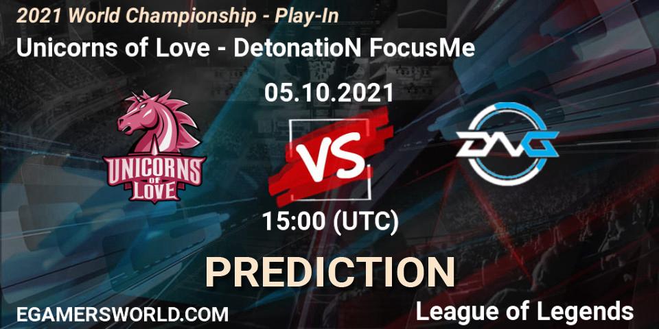 Pronósticos Unicorns of Love - DetonatioN FocusMe. 05.10.2021 at 15:10. 2021 World Championship - Play-In - LoL