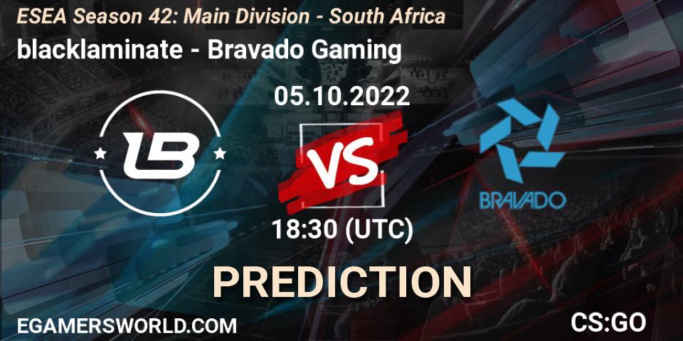 Pronósticos blacklaminate - Bravado Gaming. 05.10.2022 at 18:50. ESEA Season 42: Main Division - South Africa - Counter-Strike (CS2)