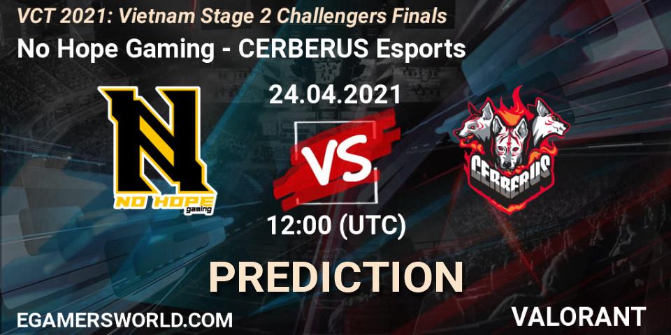 Pronósticos No Hope Gaming - CERBERUS Esports. 24.04.2021 at 14:30. VCT 2021: Vietnam Stage 2 Challengers Finals - VALORANT
