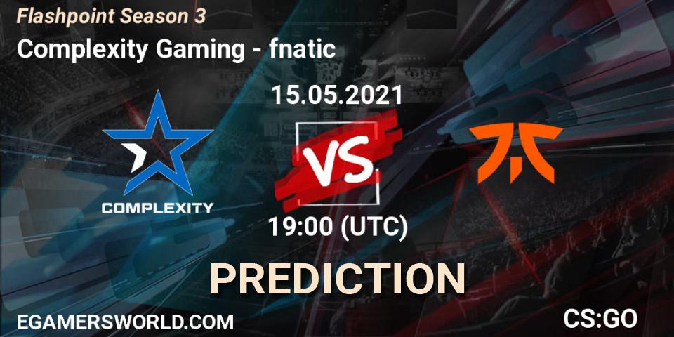 Pronósticos Complexity Gaming - fnatic. 15.05.2021 at 19:00. Flashpoint Season 3 - Counter-Strike (CS2)