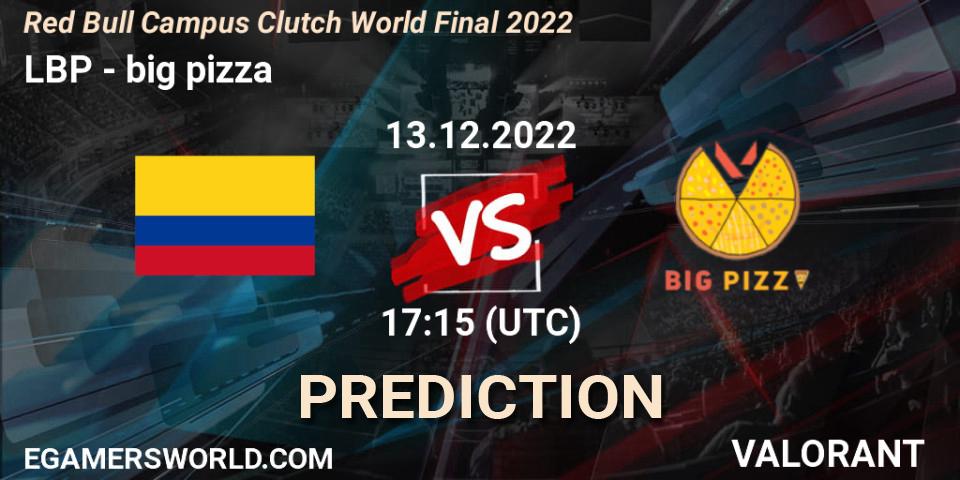 Pronósticos LBP - big pizza. 13.12.2022 at 17:15. Red Bull Campus Clutch World Final 2022 - VALORANT