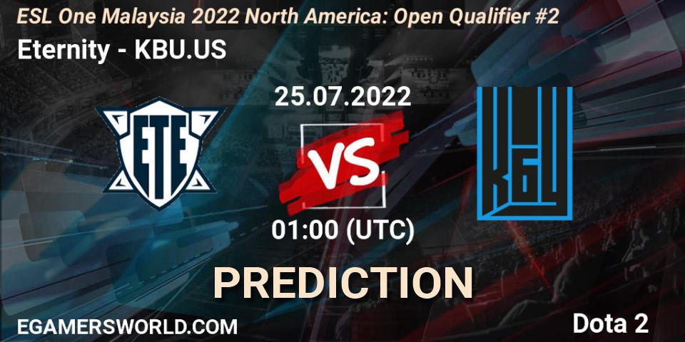 Pronósticos Eternity - KBU.US. 25.07.2022 at 01:02. ESL One Malaysia 2022 North America: Open Qualifier #2 - Dota 2