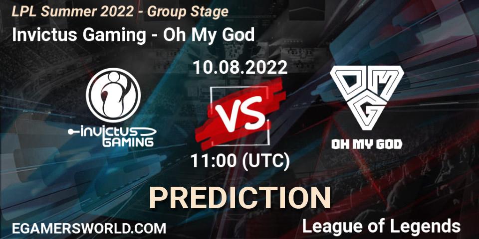 Pronósticos Invictus Gaming - Oh My God. 10.08.2022 at 11:00. LPL Summer 2022 - Group Stage - LoL