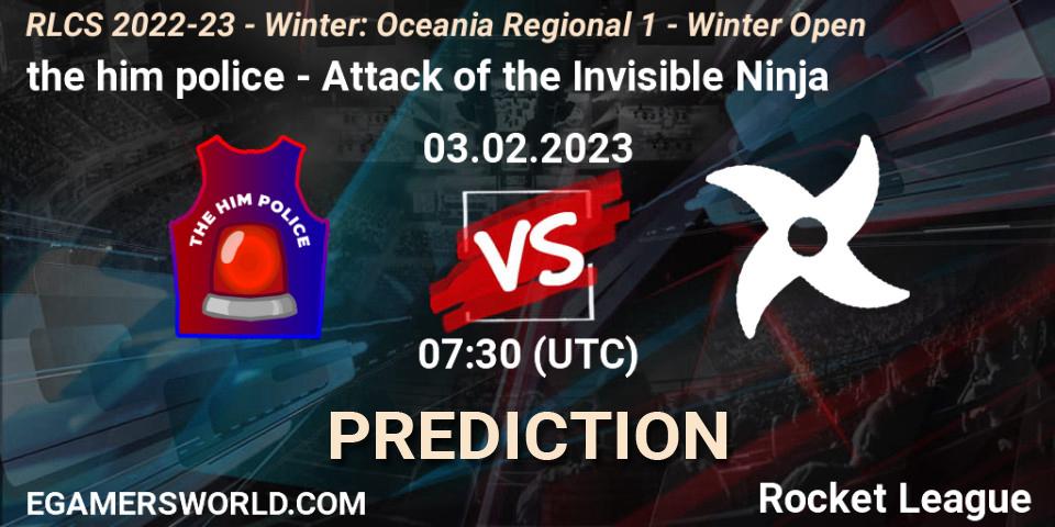 Pronósticos the him police - Attack of the Invisible Ninja. 03.02.2023 at 07:30. RLCS 2022-23 - Winter: Oceania Regional 1 - Winter Open - Rocket League