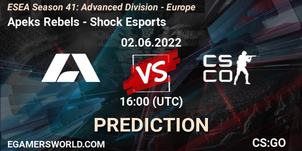 Pronósticos Apeks Rebels - Shock Esports. 02.06.2022 at 16:00. ESEA Season 41: Advanced Division - Europe - Counter-Strike (CS2)