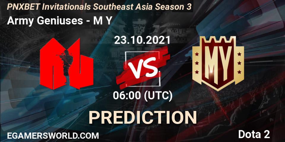 Pronósticos Army Geniuses - M Y. 23.10.2021 at 06:20. PNXBET Invitationals Southeast Asia Season 3 - Dota 2